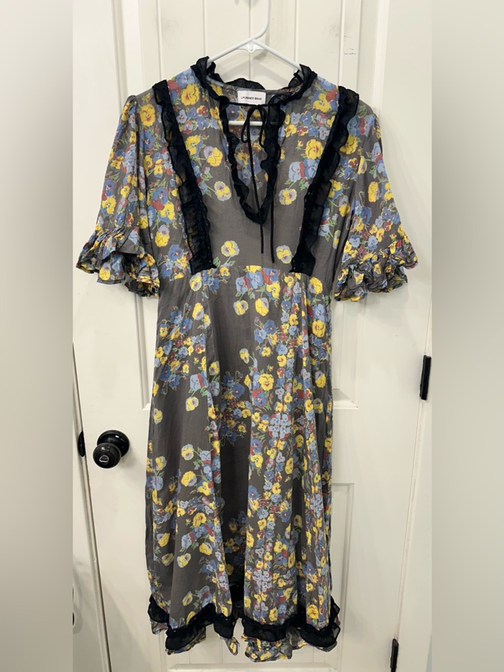 Laurence Bras Floral Midi Dress Grey Cotton Cottagecore Vintage Aesthetic